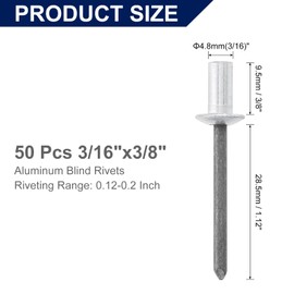 uxcell 50Pcs 3/16" x3/8" Aluminum Blind Rivets, Aluminum Grip and Steel Mandrel, Closed End Long Split Rivets for Metal, Furniture, Automotive, Silver