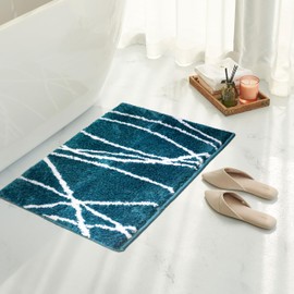 Tititex Luxury Teal White Curve Line Bathroom Rug, 20x32 inch Extra Soft and Absorbent Microfiber Bath Rugs, Non-Slip Plush Shaggy Bath Carpet, Bath Mats for Floor, Tub and Shower