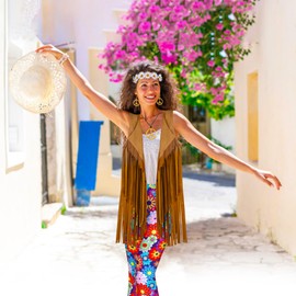 CICOCI 60s 70s Outfit For Women Hippie Costume 8pcs Fringe Vest Flared Pants Costume Peace Sign Necklace Earrings