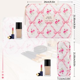 Floral Makeup Bag, Small Cosmetic Bag for Women Girls, Cute Cotton Makeup Bag, Quilted Makeup Bags, Flower Travel Toiletry Organizer Bag(Pink bow ties)