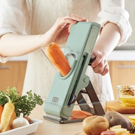 Toffy K-HC9-PA Safety Push Slicer (Pale Aqua) No Power Supply Required, Manual, 3-Way Flatten/Shred/Julienne Safe Design, Includes Pusher, Storage Container Included