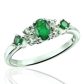 RB Gems Sterling Silver 925 Dainty Band Ring Genuine Gems Oval 5x3 mm, 0.54 ctw Rhodium-Plated Finish (Emerald, 6)