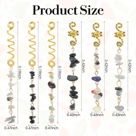 6PCS Hair Jewelry for Braids, Natural Stone Hair Braid Accessories, Colored Crystal Charms for Braids Dreadlock, Gold Spirals Cuffs Rings for Women Girls, Rave Festival Hairstyle Decoration
