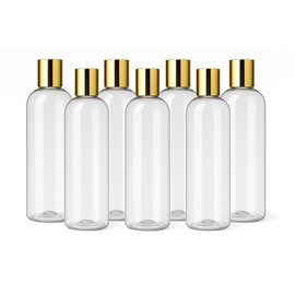Sharon Nicole Clear Plastic Bottles with Gold Cap, 8.62" Tall, 2.45" Wide, BPA Free, Set of 6