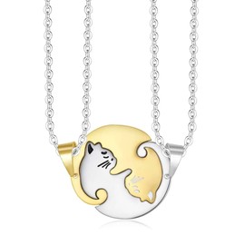 INOX PINK Cat Yin Yang Gold Silver Friendship Necklace For Two Best Friends in an Organza Gift Bag (cord-gold-silver)