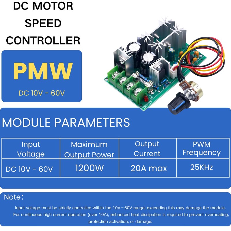 LAOMAO PWM DC Motor Control Unit, DC 10-60V 20A Continuous