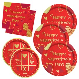 Gatherfun Valentine's Day Party Supplies Red Heart Love Disposable Paper Plates Napkins for Valentine's Day, Engagements, Anniversary, Birthday Party Serve 50