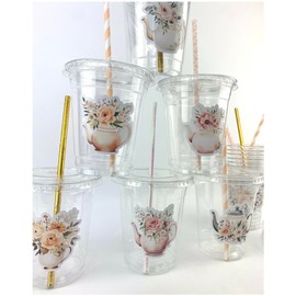 Floral Teaport Plastic Drink Cups with Straws and Lids, Set of 12