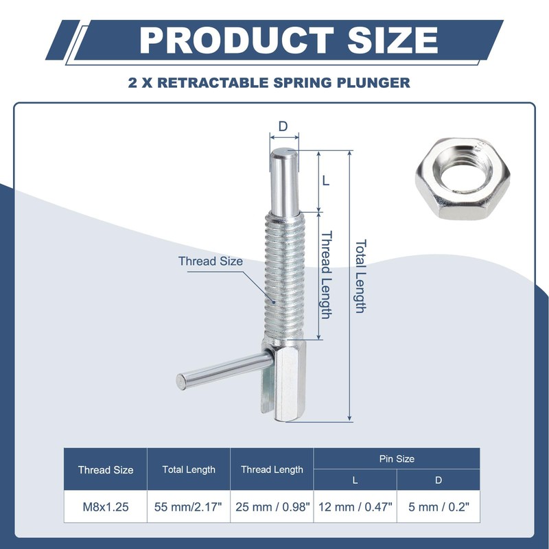 PATIKIL Retractable Indexing Plunger Pin, 2 Pcs M8x1.25 Carbon Steel