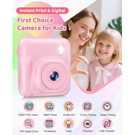 Digital Camera for Kids Instant Print, 48MP Dual-Lens Kids Camera for Girls Boys Christmas Birthday Gifts, 1080P Video Selfie Instant Cameras, Portable Toddler for 4-12 Years with 32GB Card-Pink