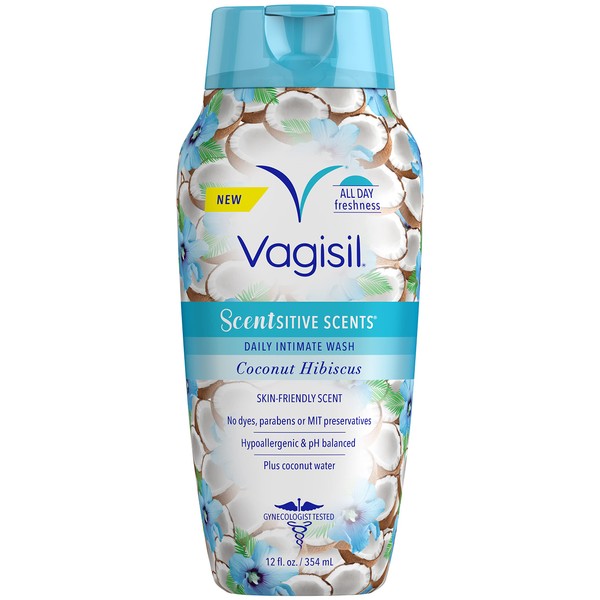 Vagisil Feminine Wash for Intimate Area Hygiene, Scentsitive Scents, pH Balanced and Gynecologist Tested, Coconut Hibiscus, 12 oz (Pack of 1)