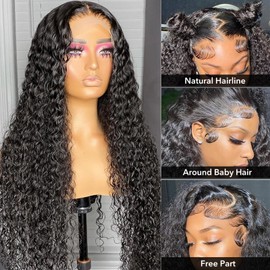 13x4 HD Lace Front Wigs Human Hair,Water Wave Human Hair Wig for Black Women,180 Density Glueless Wig Human Hair Pre Plucked with Baby Hair,Brazilian Real Hair Wigs Natural Color Curly Frontal Wig 22"