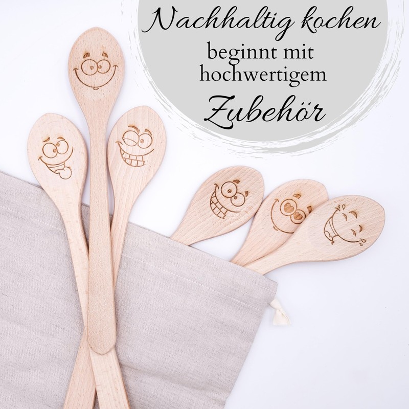 JOWE Wooden Cooking Spoons Set of 6 Beech Kitchen Utensils