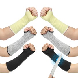 PATIKIL 14 Inch Cut Resistant Sleeve, 3 Pairs Arm Safety Protectors Sleeves with Thumb Hole Level 5 Protection Forearm Guard Sleeves for Thin Skin and Bruising, M, Black/Gray/Yellow
