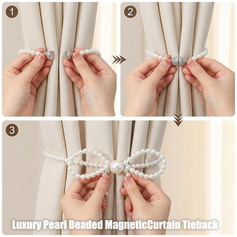4 Set of Bow Curtain Tiebacks, Pearl Bow Curtain Holders,