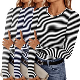 Ekouaer Women's Long Sleeve Shirts 3 Packs Crew Neck Stretchy Fitted Tops Ribbed Base Layer Soft Thermal Undershirts Tee Black White Stripe/Navy White Stripe/Grey White Stripe (3pcs) M