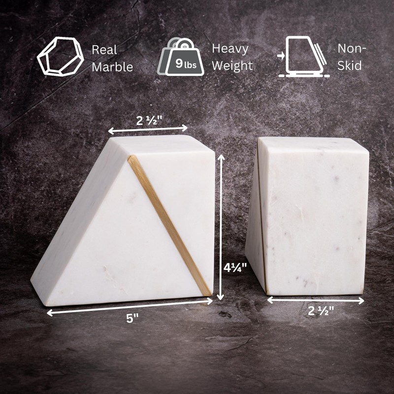 Cork & Mill Marble Book Ends for Shelves, Decorative Bookends