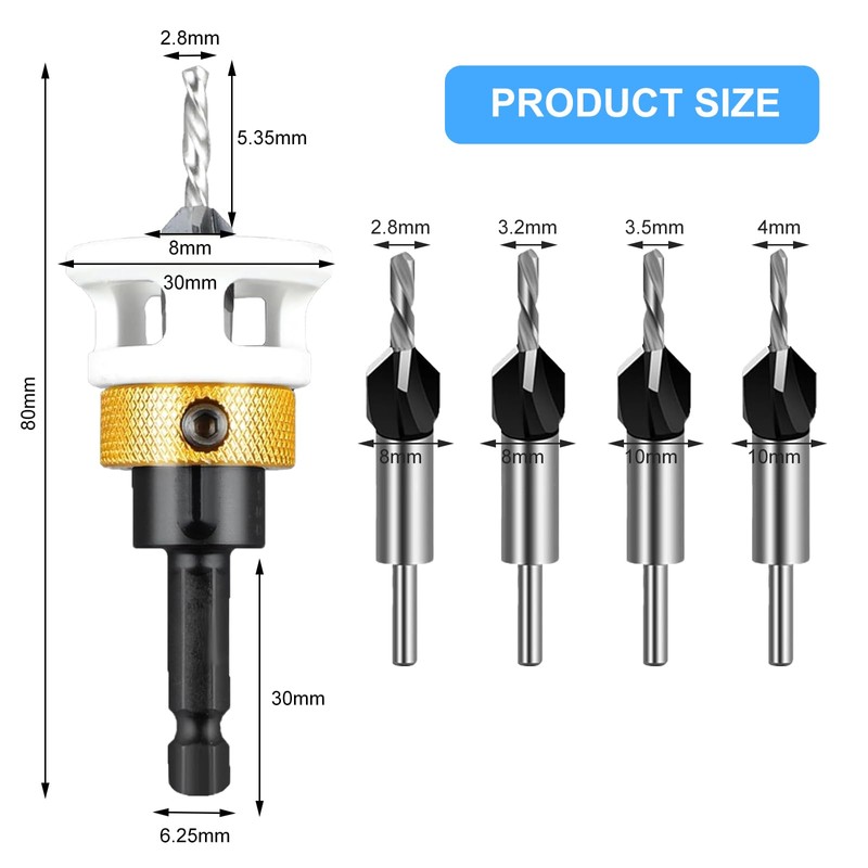 Pmueuff Countersink Drill Bit Set, 6-Piece Countersink Drill Bit Set