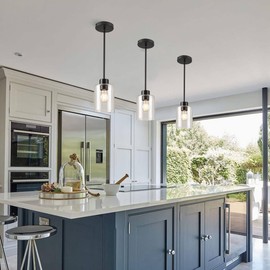 KLSS Black Pendant Lights Kitchen Island - Seeded Glass Pendant Light Fixture Multiple Stems Rods (3 Pack with Rod seeded Glass)