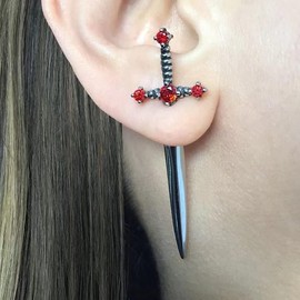 Gothic Dagger Sword Stud Earrings for Women Men,Cool Cross Earrings Hiphop Punk Black Cubic Zirconia Dagger Earrings Jewelry Gifts (Black+Red)