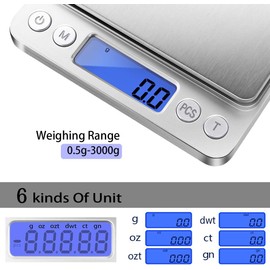 Fuzion Digital Kitchen Scale 3000g/ 0.1g, Pocket Food Scale 6 Measure Modes, LCD, Tare, Digital Scale Grams and Ounces with 2 Trays for Food, Cooking, Nutrition, Reptiles(Battery Included)