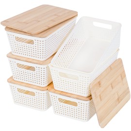 Anywish Storage Bins with Lids 6 Packs, Plastic Storage Bins with Bamboo Lids for Pantry Organization and Storage Containers for Shelves Drawers Desktop Closet Playroom Classroom Office Home, White