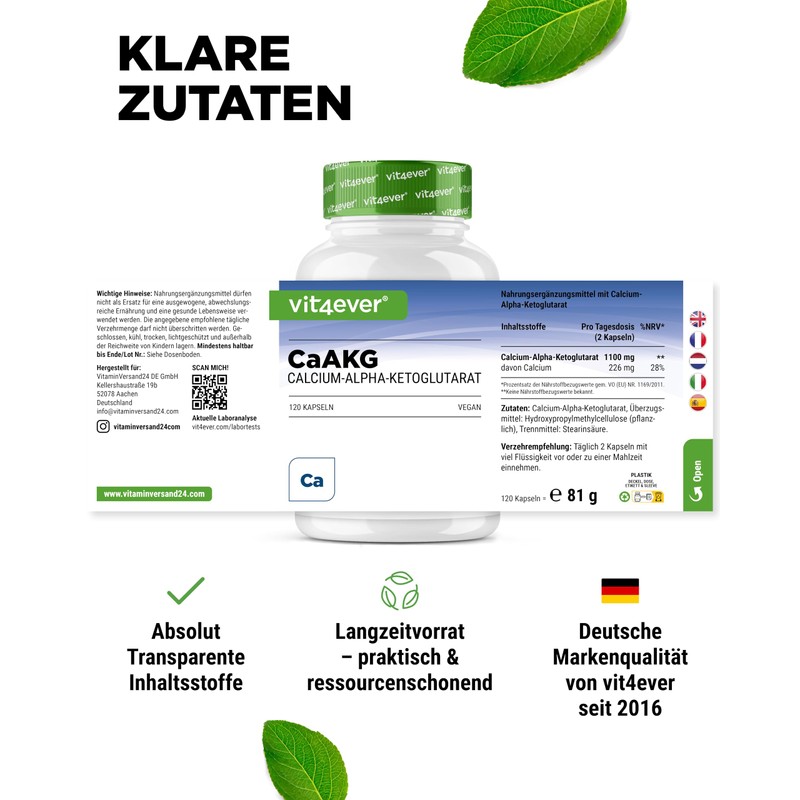 vit4ever CaAKG - 120 Capsules - 1100 mg - High