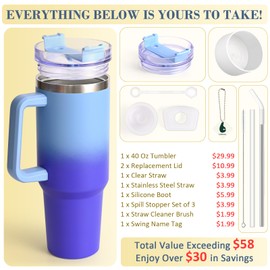 LiqCool 40 Oz Tumbler with Handle 2 Straws and 2 Lids, Silicone Boot & Leakproof Spill Stopper Set, Stainless Steel Vacuum Insulated Tumbler, Keep Cold 26H, Cupholder Friendly(Deep Blue)