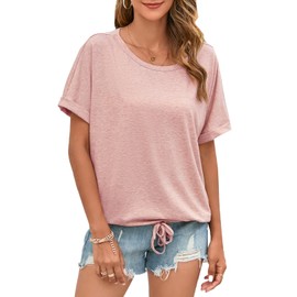 ENMAIN Womens Oversized Basic Tops Pink Casual Crewneck Loose Fit T-Shirts Ladies Rolled Short Sleeve Basic Tee Shirts Trendy Summer Drawstring Hem Tshirt