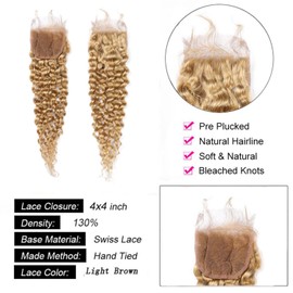 4X4 Honey Blonde 27# Closure High Density Hd Transparent Lace Front Closure Pre Plucked With Baby Hair Brazilian Virgin Hair Curly Wave Lace Closure 14 Inch