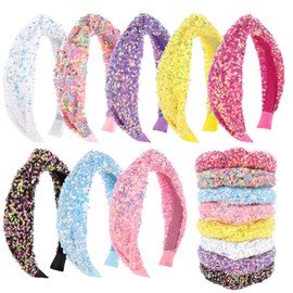 CIEHER Knotted Headbands for Women, 8 Pack Non Slip Glitter Sequins Headbands Top Knot Headband Hair Accessories, White Pink Hot Pink Yellow Blue Purple Black Multi-colored