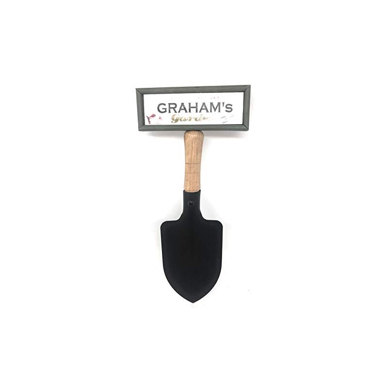 "Welcome to Graham's garden" hanging shovel sign
