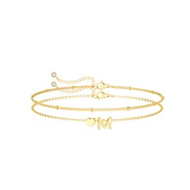 DEARMAY Dainty Initial Heart Gold Bracelets for Women Trendy, 14K Real Gold Letter Charm Bracelet Jewelry Cute Simple Fashion Chain Bracelets for Women Gift M