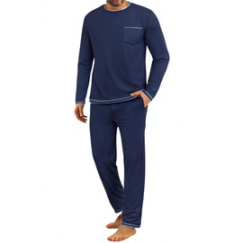 Demegimi Men's Pyjamas Long Pyjamas Cotton Winter Two Piece Pyjamas Set Men, darkblue, L