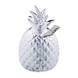 Relaxdays Decorative Pineapple Piggy Bank with Lock, 2 Keys, Ceramic Money Box, H x D 16 x 9 cm, Silver, Pack of 1