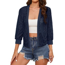 Tanou 2024 Women's Sheer Floral Lace Shrug Cardigans Sweaters Cropped Lightweight 3/4 Sleeves Bolero Shawl Navy Blue L