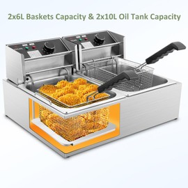 Commercial Deep Fryer - 3400W Electric Deep Fryers with 2x6.35QT Baskets 0.8mm Thickened Stainless Steel Countertop Oil Fryer 20.7QT Large Capacity with Temperature Limiter (12L)