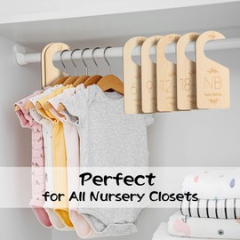 Baby Closet Dividers for Clothes Organizer - Set of 7 Adorable Wooden Double-Sided Baby Clothes Size Hanger Organizer from Newborn to 24 Months for Nursery Beautiful Decor