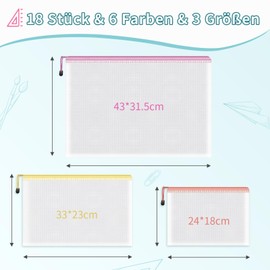 Document Wallet A3+A4+A5, Pack of 18, 3 Sizes, Waterproof Mesh Plastic Zip Bag, Zip Pouch, Bag, Plastic, Mesh Document Folders for School, Office, Travel (6 Colours)