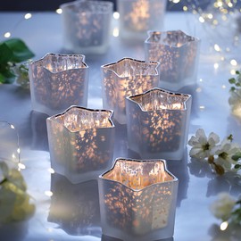 Letine 8pc Frosted White Star Tea Light Candle Holders - Mercury Glass Votive Holders for Wedding, Diwali, Fall & Holiday Decor - Elegant Starlight Vessels (2.44" Height, 1.45" Base)