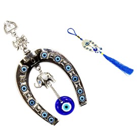 Set of 2~ Turkish Blue Evil Eye (Nazar) Elephant Horse Shoe Amulet + Horseshoe Car Hanging Blessing Protection Religious Charm Birthday Blessing Congratulatory Gift
