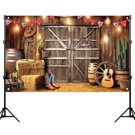 launuo Cowboy Party Decorations - Western Scene Cloth Wild West Theme Decor Log Cabin Barn Banner Cowgirl Party Decorations Photo Booth Backdrop