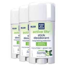 Kiss My Face Active Life Deodorant Contains Naturally Derived Ingredients, 72 Hour Odor Control | For Women and Men, Aluminum Free with Coconut Oil and Probiotics, Cucumber and Green Tea Scent, 3 pack