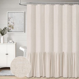 BTTN Extra Long Linen Shower Curtain - 72x96 Inch Long Shabby Chic Heavy Duty Fabric Shower Curtain Set with Ruffle Hem, Tall Farmhouse Vintage Cloth Shower Curtains for Bathroom Decor - Beige/Cream