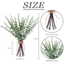 Zhuqing 16.5" Artificial Eucalyptus Stems in Glass Vase with Faux Water, Fake Plant Eucalyptus Leaves White Seeds for Centerpiece Table Decorations Farmhouse Wedding Home Greenery Decor (Sage Green)