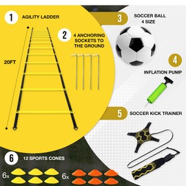 PROTSAG Soccer Agility Training Equipment – Speed Agility Training Set with 20ft Agility Ladder, 12 Cones, Solo Soccer Trainer and Ball – Soccer Accessories for Training Indoor, Outdoor