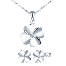 MICMIF 925 Sterling Silver Jewellery Set for Women Four Leaf Clover Earrings and Necklace for Women Girls Stud Earrings Clover and Chain Pendant Clover Set with Zirconia, Sterling Silver Gemstone,