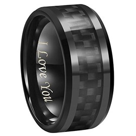 6mm 8mm 10mm Black Carbon Fiber Black Tungsten Carbide Wedding Band Ring Engraved I Love You Men Women (10mm,10.5)
