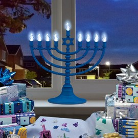 Rite Lite Blue Plastic Electric LED Low Voltage Chanukah Menorah with Clear Bulbs - Hanukkah Menorah Battery or USB Powered - Includes a Micro USB 4' Charging Cable