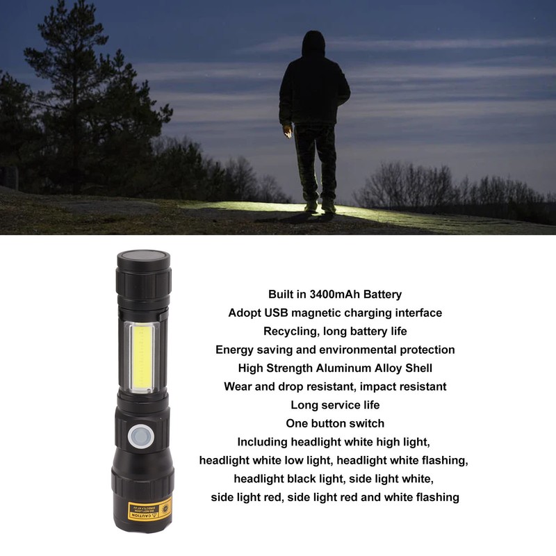 LED Flashlight USB Magnetic Charging 7 Gears Zoomable Black Light